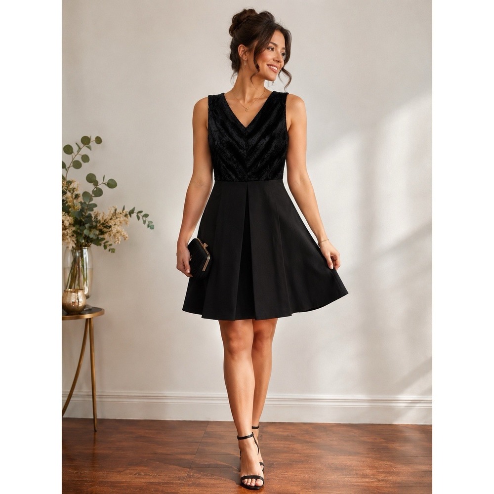 SUOAK New York Black Velvet Fit & Flare Cocktail Dress Size 14 80s Style